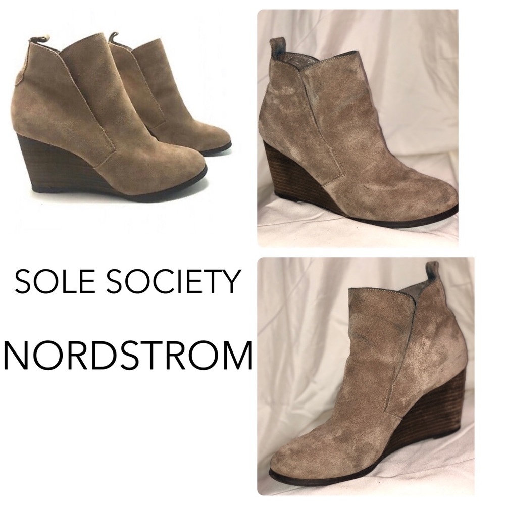 Tan wedge velvet booties